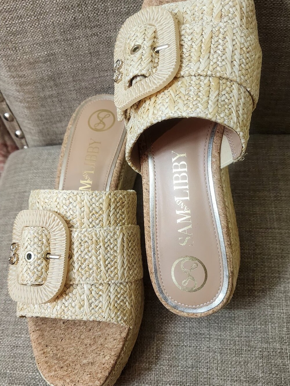 Natural Raffia Platform Slide with Buckle - Picture 2 of 6